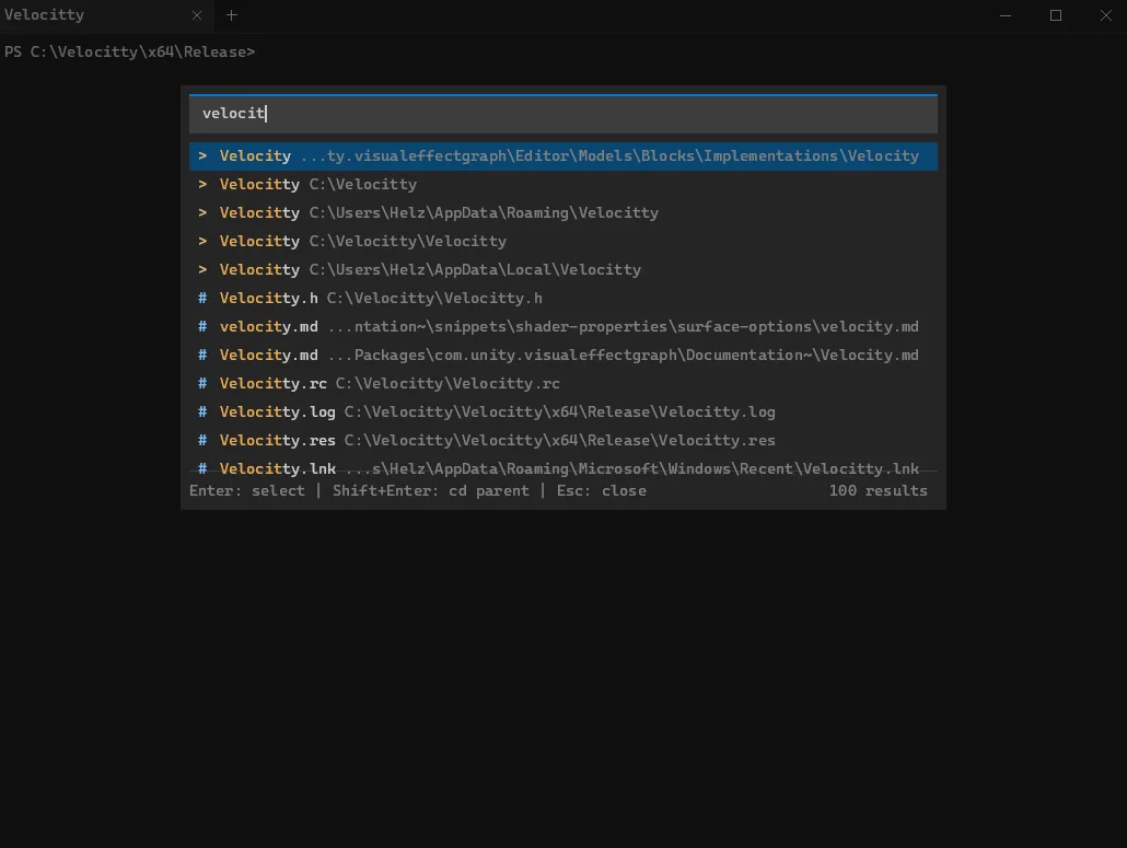 Velocitty file search showing fuzzy matched Windows paths